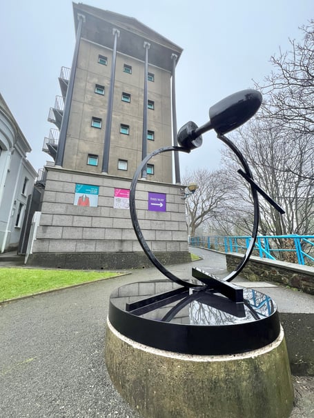 The Bryan Kneale sculpture restored to its plinth outside the Manx Museum