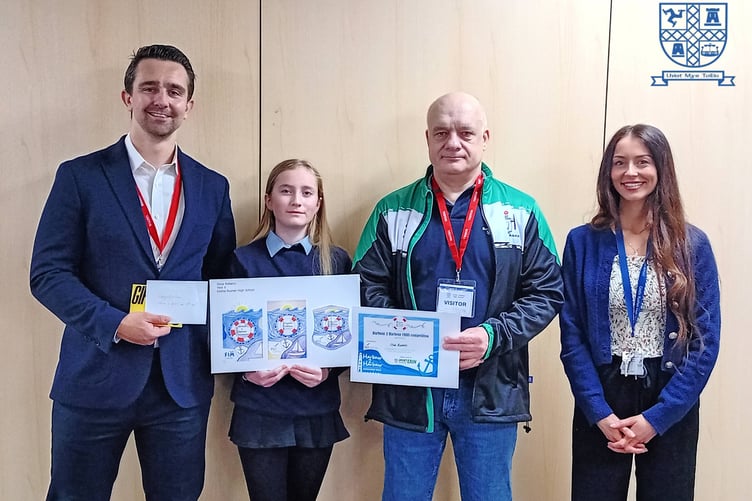 Left to right: A representative from FIM Capital, Year 8 student Olive Roberts, Harbour 2 Harbour committee member Mr Parkes and graphic design teacher Miss Dickinson