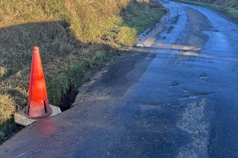 The giant pothole on Little London Road, Kirk Michael