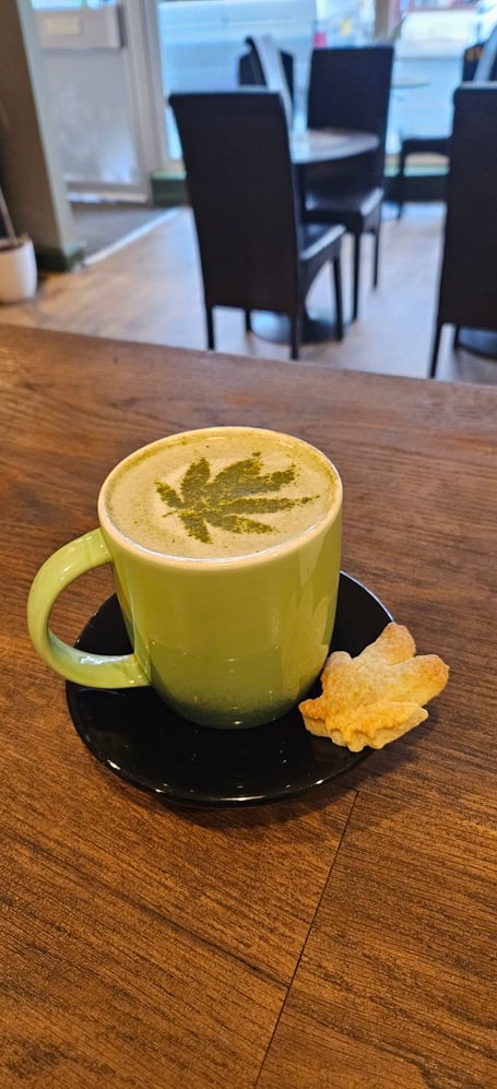One of the Green Lounge's products - Cappuccino topped with Hatcha CBD powder from CBD One, a water-soluble, taste-free blend designed to mix seamlessly into hot drinks