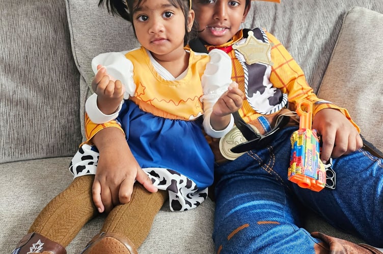 Sarvesh, 8, and Vamika, 22 months, went as Woody and Jessie from Toy Story