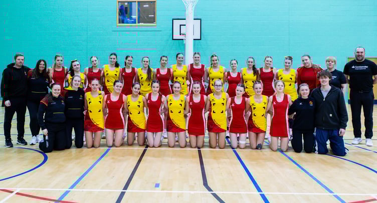 The two Isle of Man netball teams ahead of their showdown in the Under-17 Rising Stars Cup at the NSC on Friday (Photo: Gary Weightman)