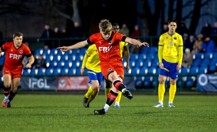 Kyle Watson scored from the penalty spot to drag FC Isle of Man level on Saturday evening, but Atherton Laburnum Rovers ran out eventual 5-1 winners at the Bowl (Photo: Hannah McHugh)