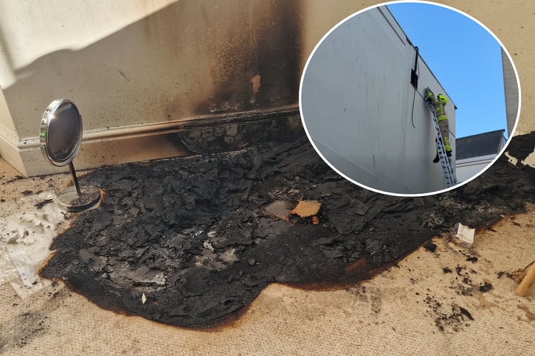 The aftermath of a fire in Laxey caused by sunlight in a mirror (inset: a pigeon is rescued in Douglas)