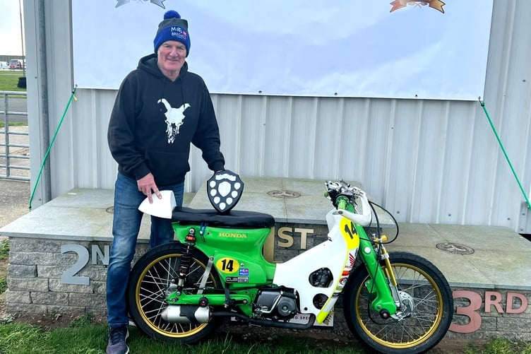 Jim Davidson displaying his trophy for his plop 110 being named the best turned-out bike of the meeting in the opening round of the 2026 Jurby MRSports season last weekend (Photo: Tracey Smith)