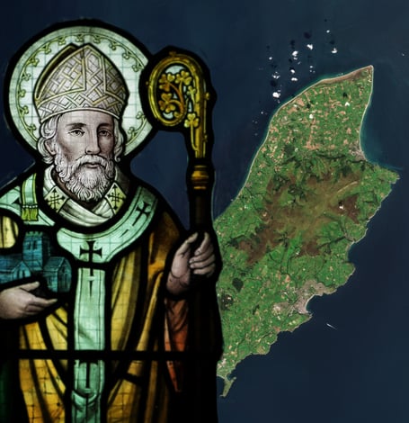 An illustration of St Patrick pictured alongside the island
