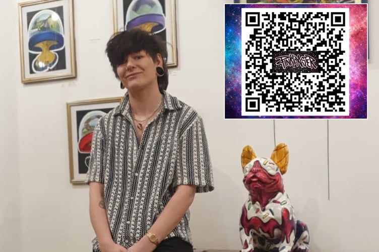 Alice Armstrong pictured alongside a QR code which gives access to the exhibition