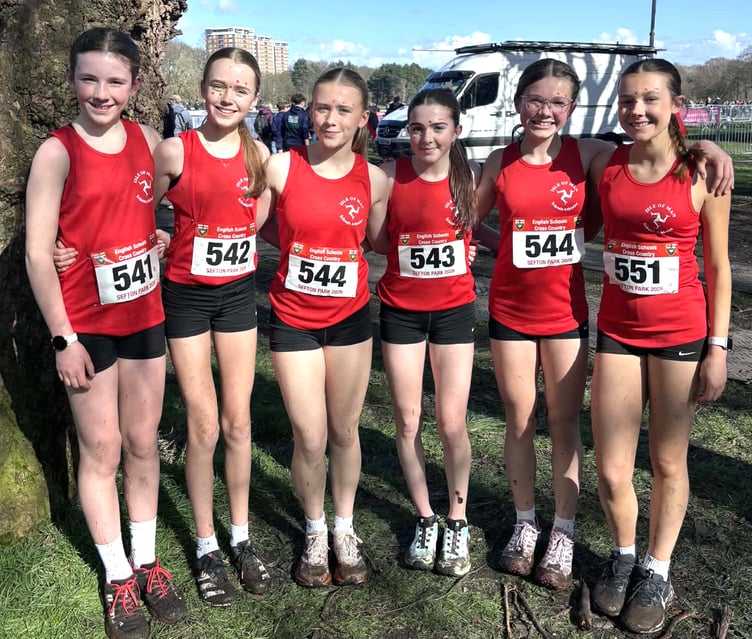The junior and intermediate girls that represented the island at last weekend's English Schools Cross-Country Championships. (Left to right) Bella Quaye, Mollie McMullan, Sienna Morrissey, Eve Martin, Autumn Ryles and Olivia Davis (Photo: Emma McMullan)