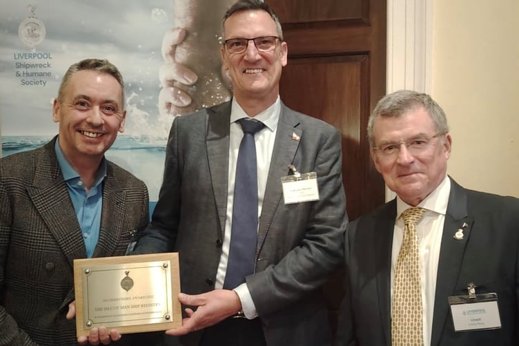 L-R: Steven Jones MNM, LS&HS Trustee; Cameron Mitchell, CEO Isle of Man Ship Registry (with the MV Derbyshire Award); Chris Riley, LS&HS Chair