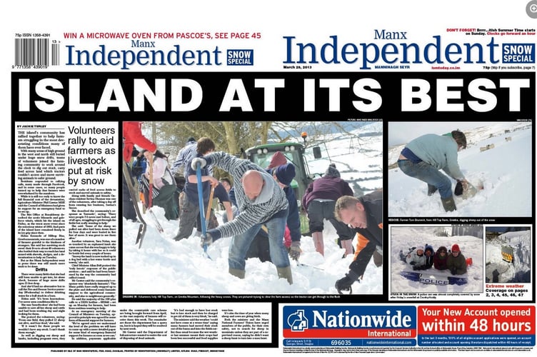The front and back page of the Manx Independent in March 2013