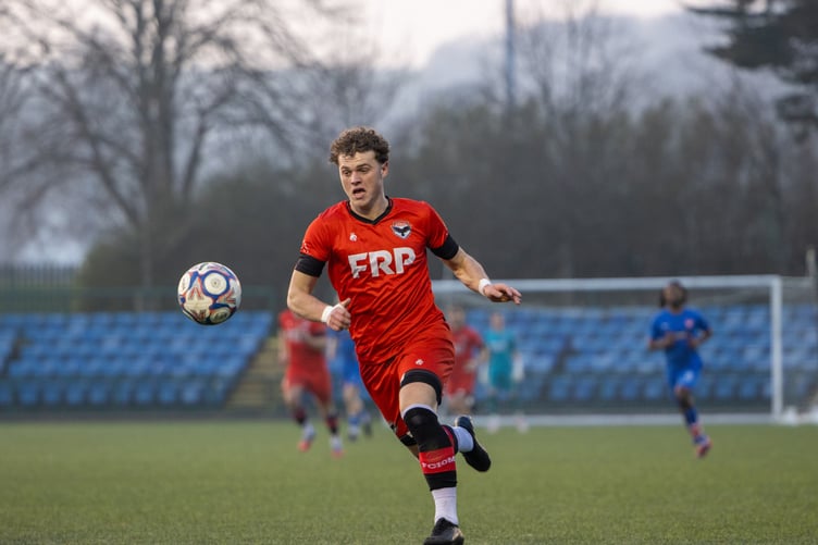 FC Isle of Man's Dean Pinnington in action during Saturday's 2-1 defeat by Cheadle Town at the Bowl (Photo: Hannah McHugh)