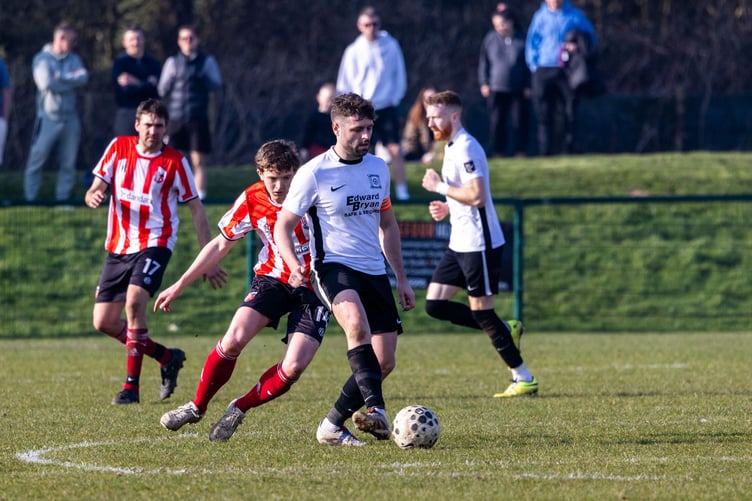Josh Ridings, pictured in semi-final action against Peel, bagged five goals as Foxdale were beaten 14-1 last weekend (Photo: Gary Weightman)