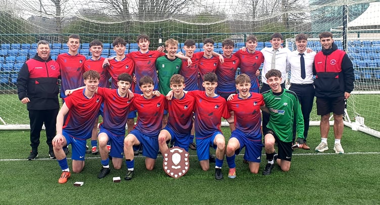The St Ninian’s team that came from behind to defeat QEII 4–3 after extra-time in the senior schools football final at the Bowl
