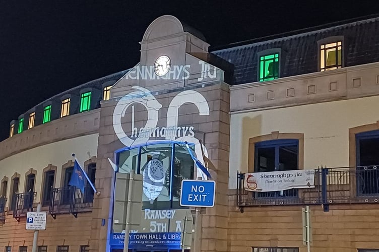 Ramsey Town Hall lit up in blue to mark the start of Autism Acceptance Month