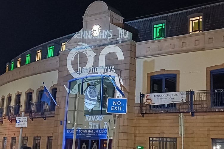 Ramsey Town Hall lit up in blue to mark the start of Autism Acceptance Month