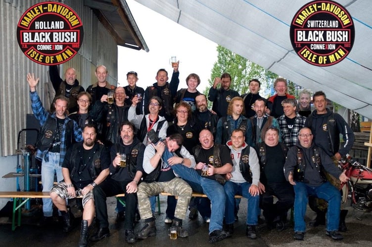 Members of Black Bush Connexion Switzerland and Holland who raised thousands of pounds for Hospice IoM in memory of Robert 'Sharky' Meijer