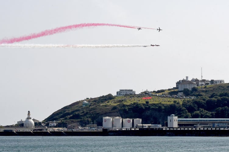 The Red Arrows display over Douglas bay 
