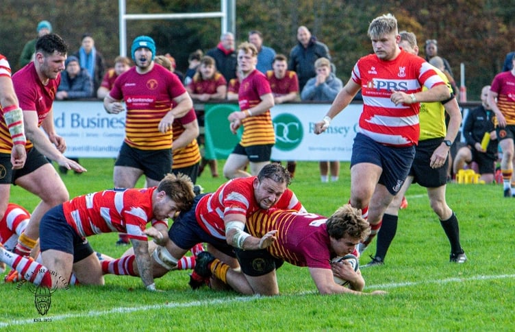 John Dutnall scores for Douglas RUFC against Vale of Lune in November (Photo: Richard Ebbutt)