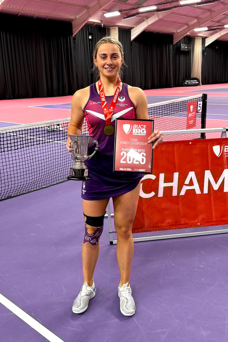 Charlotte Clarke with the BUCS Women’s National Championship Cup and player of the match award after starring for Loughborough University