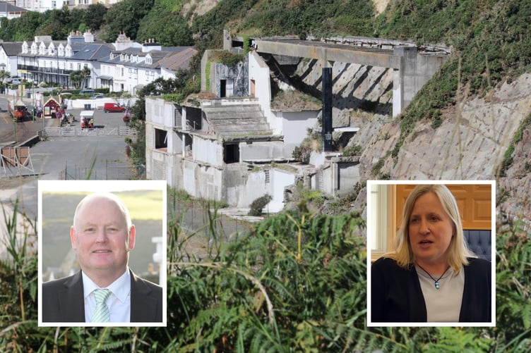 The site of the former Summerland complex (main) with Rob Callister (inset left) and Michelle Haywood (inset right)