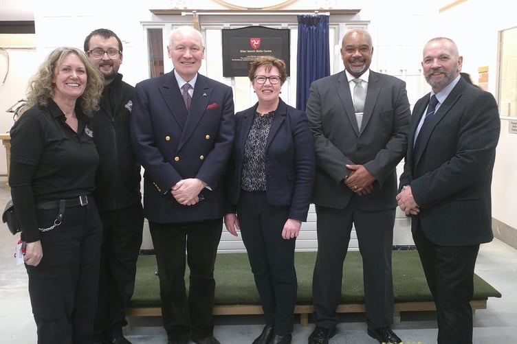 Officer Gaynor Dunne (EVSC), Principal Officer Tim Russell, His Excellency Lieutenant Governor Sir John Lorimer, Minister Jane Poole-Wilson, Prison and Probation Service Governor Leroy Bonnick and building skills lecturer Jon Dunne
