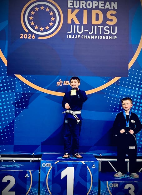 Theodore Sloane on the top step of the podium after becoming the Isle of Man’s youngest IBJJF European Champion at the age of only eight last weekend in Dublin