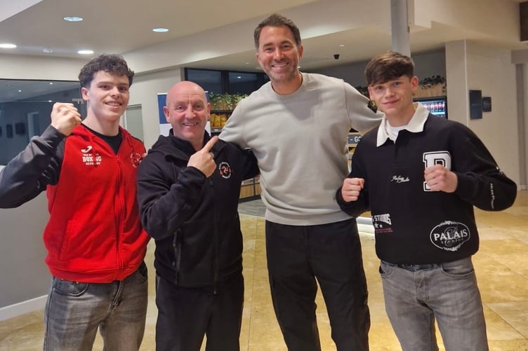 Manx ABC's Tristan Birchill, Finley Sweet and head coach Peter Roberts with top UK boxing promoter Eddie Hearn after their recent bouts in Liverpool