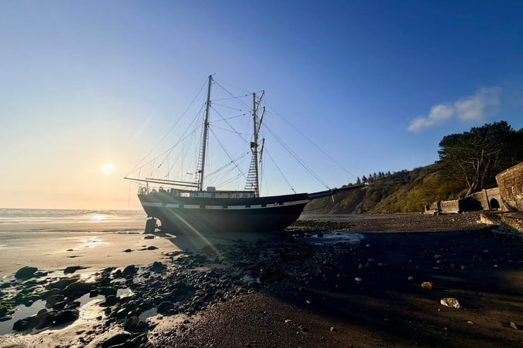The twin masted French Brigantine tall ship La Malouine beached at Ramsey