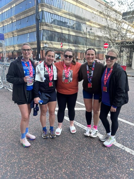 (Left to right) Christina Fowkes, Emma Riley, Rebekah Dalrymple, Susie Cox and Suzanne Gray after completing last week's Manchester Marathon