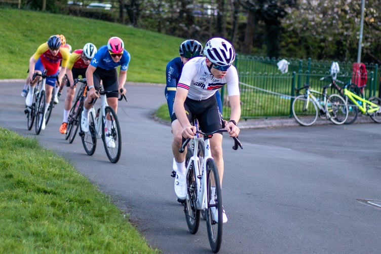 Daniel Minay leads Thomas Hutchinson on his way to winning the under-16s racing bikes class in the league opener at the NSC last week (Photo: Gary Jones/Manxmanphotos)