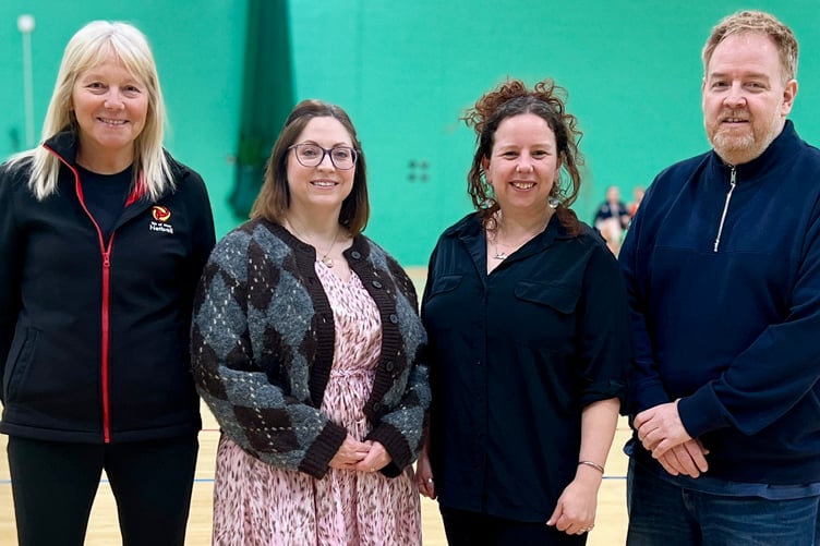 (Left to right:) Pip Cross (president Isle of Man Netball), Alisa Harrop (Director Ivy Mason),
Naomi Atkins (Director Ivy Mason) and Chris Watterson (Chairman Isle of Man Netball)
