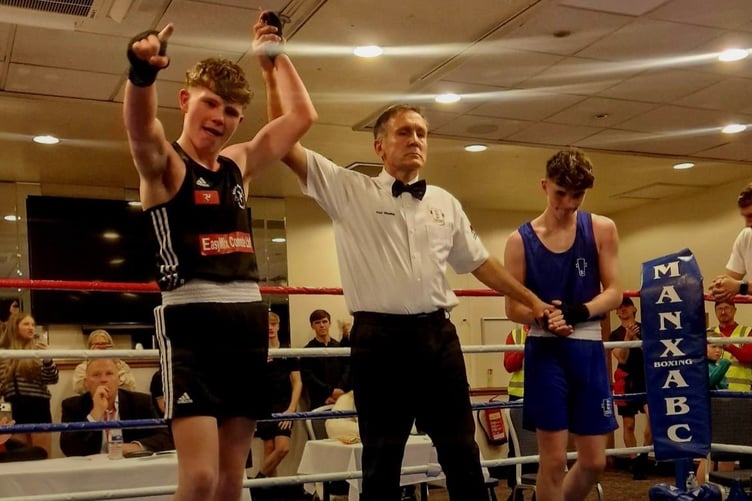 Manx ABC's Josh Duggan celebrates his split decision win over visitor Alfie Barlow at the Palace Hotel and Casino on Saturday night
