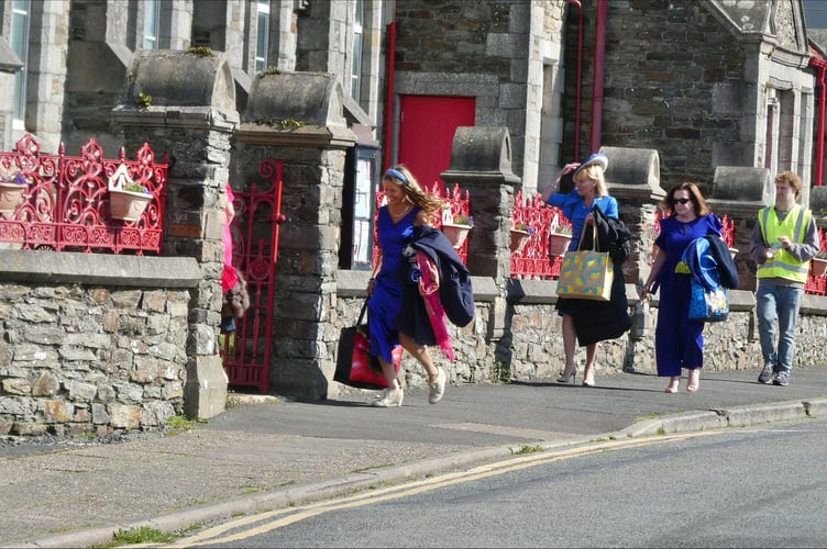 Extras gather for the wedding reception scene filmed in Mount Tabor Church