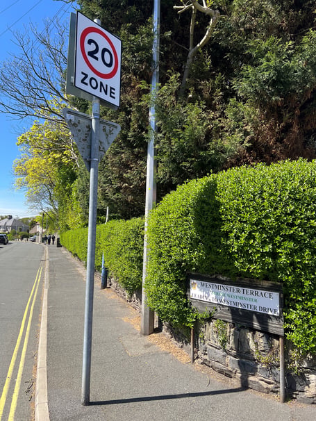 New 20mph sign installed on Westminster Terrace, which leads to the entrance to Ballakermeen School