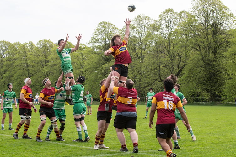 Douglas Celts’ skipper Percy Hampton is launched sky-ward at a lineout (Photo: Robin Hynes)