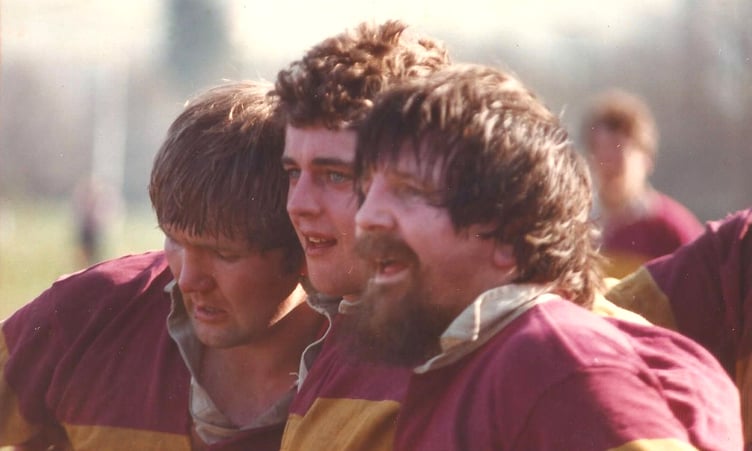 The Douglas front row of school teachers (left to right) Tim Manning, Neil MacGregor and Keith Pote packing down against Wilmslow in 1985 (Photo: Tony Wilson-Spratt)