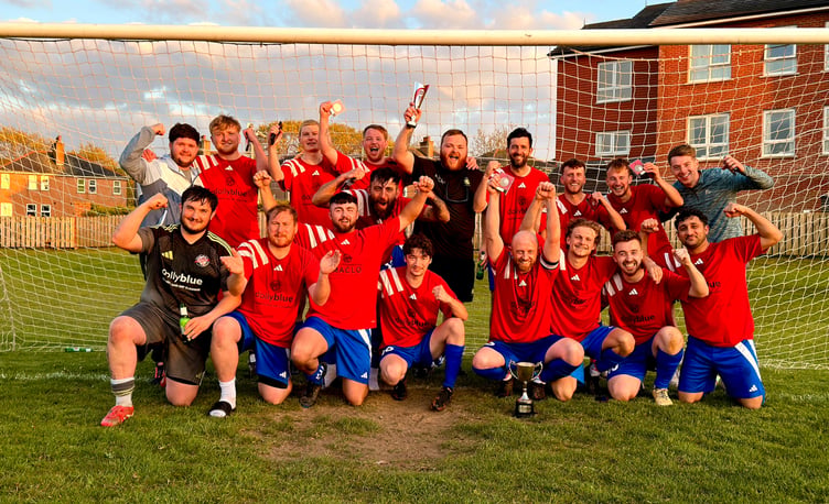Pulrose United players celebrate clinching the Ardern and Druggan Combination Two league title after beating Castletown 4-2 on Wednesday (Photo: Dean Turton)