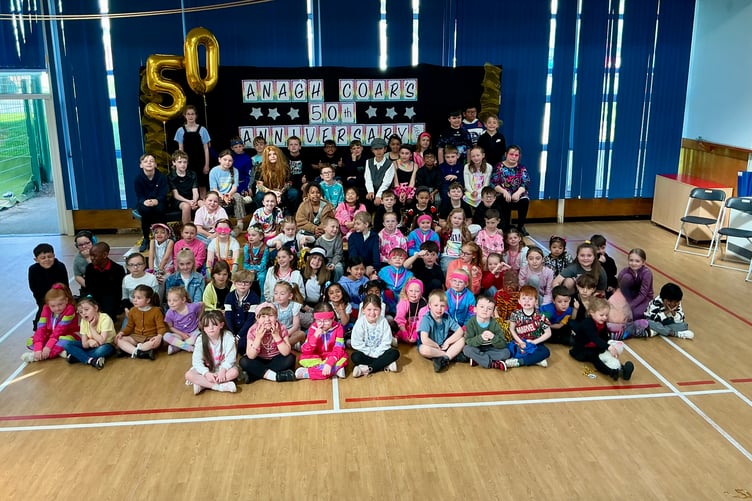 Anagh Coar Primary School pupils in fancy dress at one of the 50th anniversary special assemblies