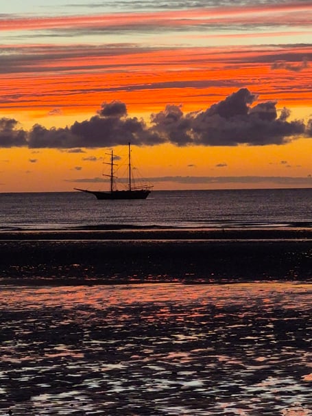 The tall ship La Malouine back out in Ramsey bay after being stranded on Ballure beach for three weeks