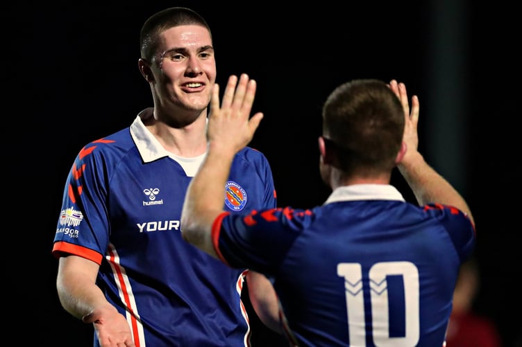 Adam Long celebrates scoring for Dinas Bangor City 1876 (Photo: Dinas Bangor City 1876)