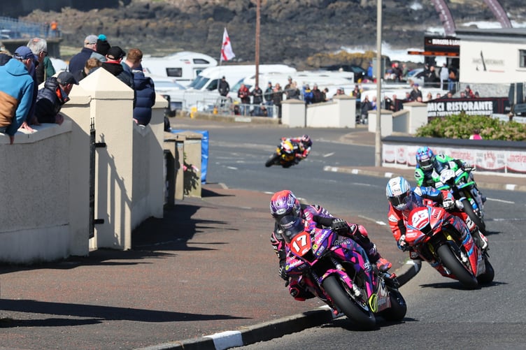 09/05/2026: Michael Evans and Marcus Simpson leaving Port Stewart during a North West 200 Superbike race. PICTURE BY DAVE KNEEN PHOTOGRAPHY.