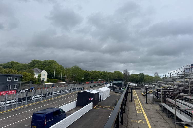 The view from the TT Grandstand, with the controversial new location of the TT+ Studio seen next to the Parc Ferme area