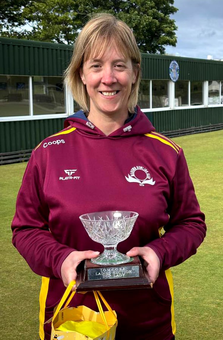 Clare Cooper pictured with the Top Lady trophy after defeating Jenny Moore in the final at South Ramsey Bowling Club on Sunday