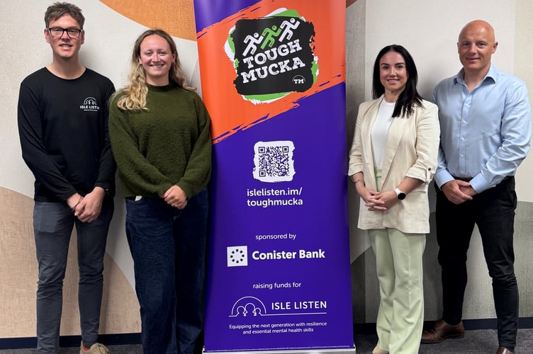 (L-R) Steven Downward and Jess Kneen of Isle Listen with Kerry Waddington and Andy Bass of Conister Bank at the launch of Tough Mucka 2026