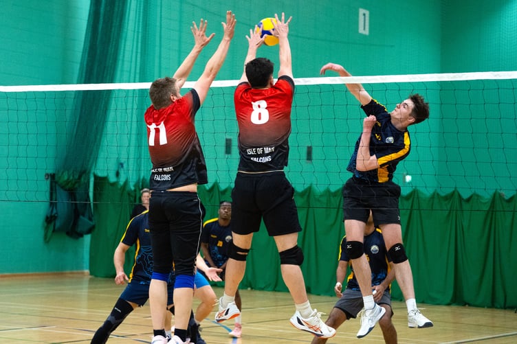 The wall of Neeson Lee (No.8) and Falk Horning from the island men's team putting a stop to Anglesey getting a point (Photo: Renze Dalugdog)