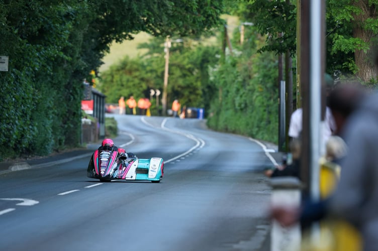 Pete Founds and Jevan Walmsley approaching the Hawthorn on their way to posting the second fastest  Sidecar time on Tuesday evening (Photo: CJS Photography)