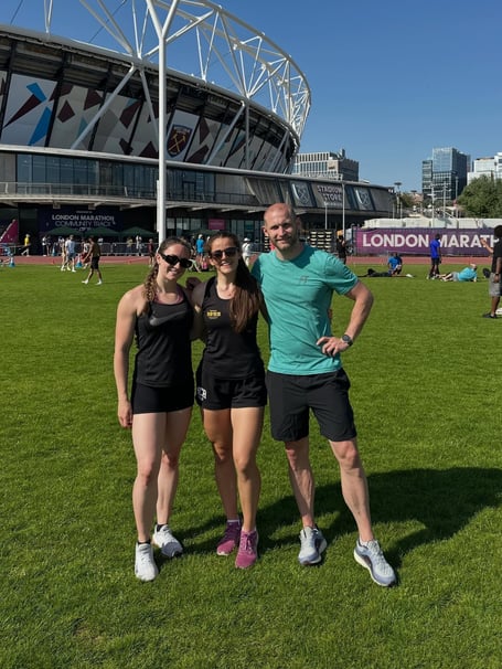 Meghan Pilley, Lydia Morris and Daniel Stewart-Clague at the London Olympic Stadium