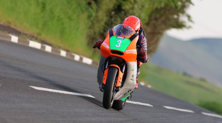 Santon's Mikey Evans gets tucked in behind the windshield on his Flitwick Motorcycles Yamaha during Tuesday's qualifying session. The Manxman suffered an off at Greeba 24 hours later, but was thankfully okay - see back page (Photo: Peter Callister)