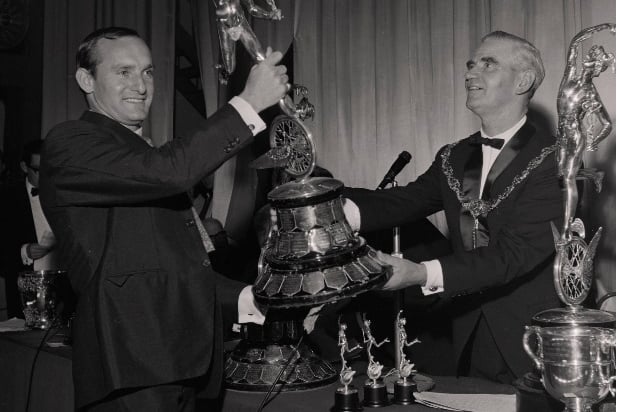 Mike Hailwood with Senior TT trophy at the Villa Marina presentations in 1966 PG/13633/1/1966/645/1