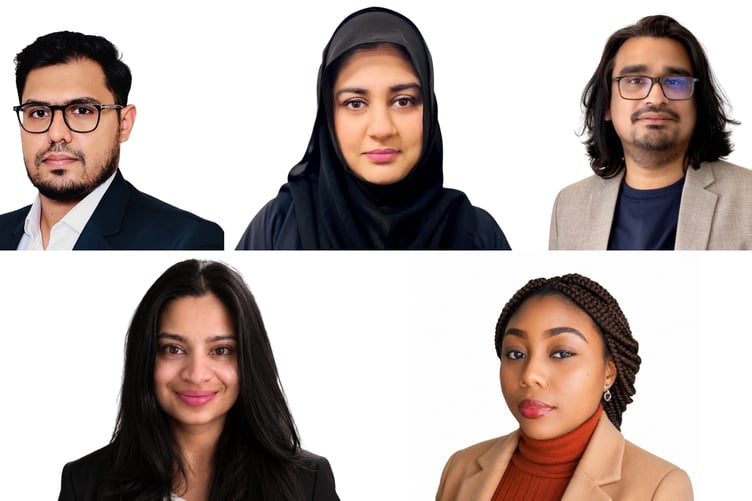 (Left to right, top row): Hassan Pasha, Fizzah Hassan and Harris Dean. (Left to right, bottom row): Jashine Dheda and Mobola Ogungboyega